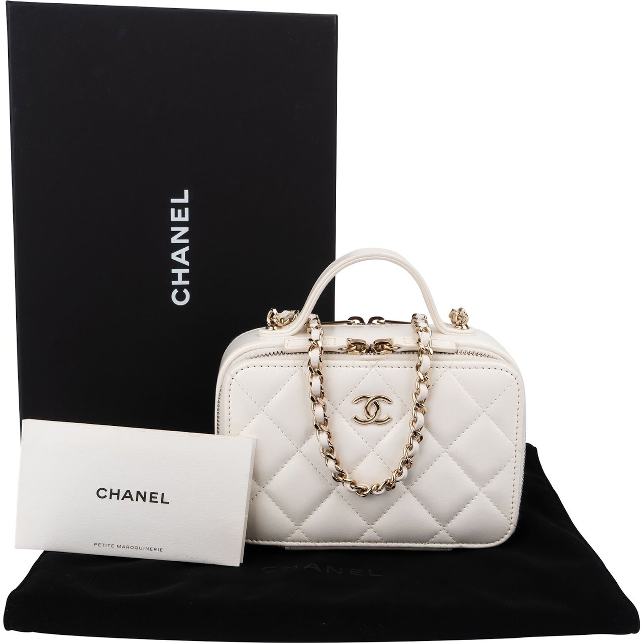 Chanel Quilted Lambskin Vanity Chain Crossbody Handbag Wit