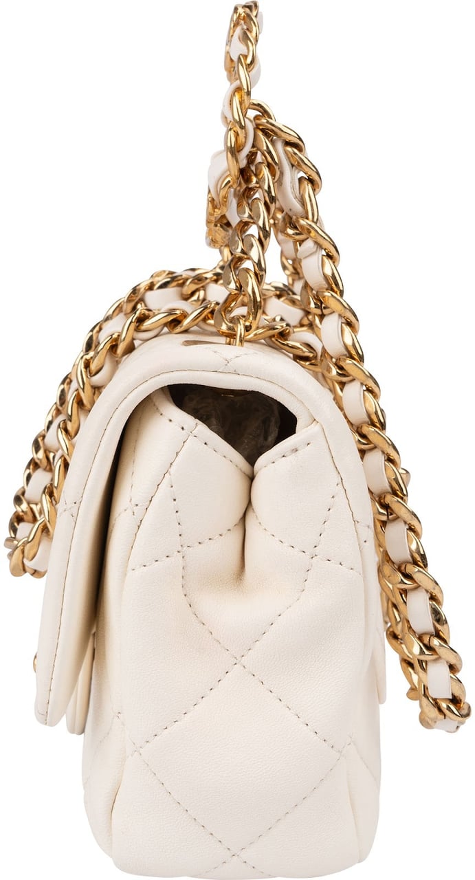 Chanel White Quilted Lambskin Mini Rectangular Flap Top Handle Crossbody Bag Wit