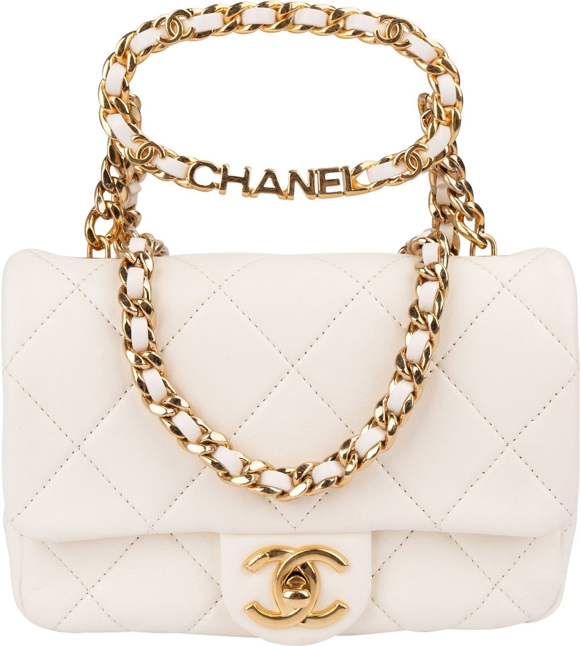 Chanel White Quilted Lambskin Mini Rectangular Flap Top Handle Crossbody Bag Wit