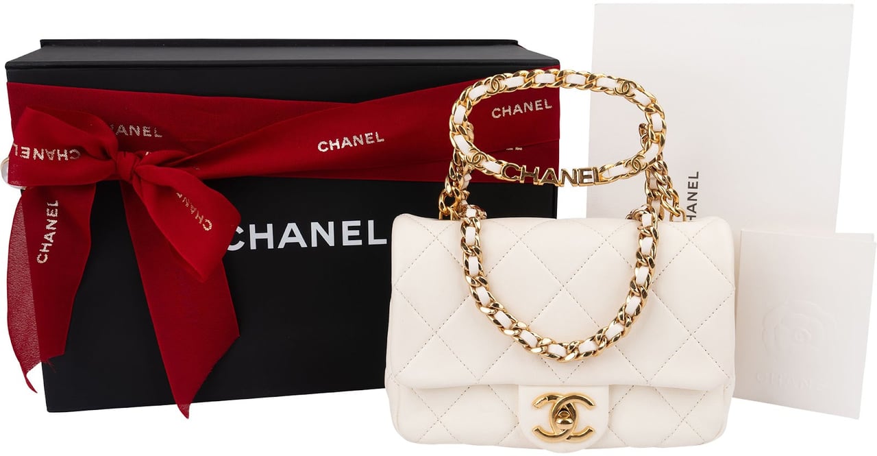 Chanel White Quilted Lambskin Mini Rectangular Flap Top Handle Crossbody Bag Wit