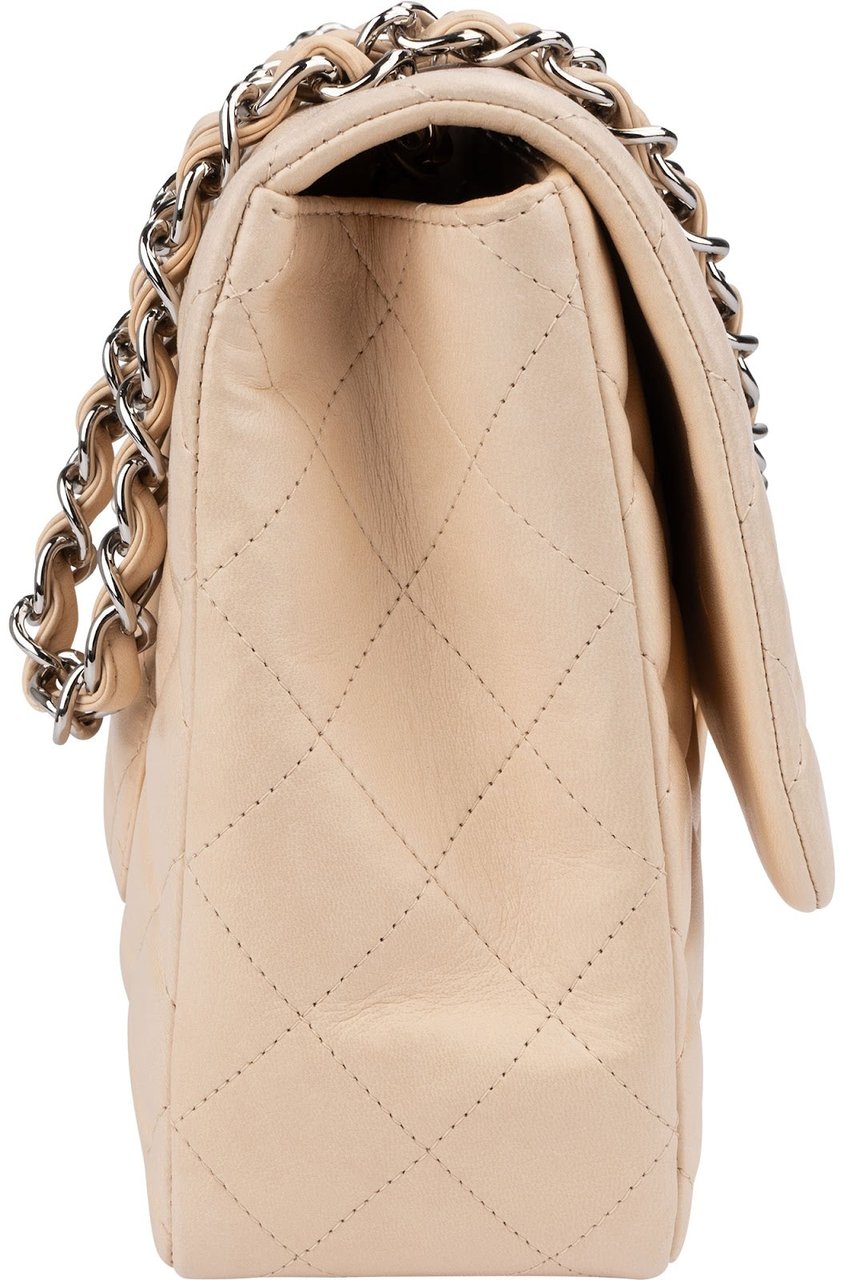 Chanel Quilted Lambskin Palladium Jumbo Single Flap Crossbody Bag Beige