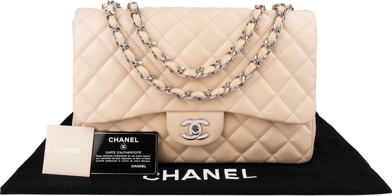 Chanel Quilted Lambskin Palladium Jumbo Single Flap Crossbody Bag Beige