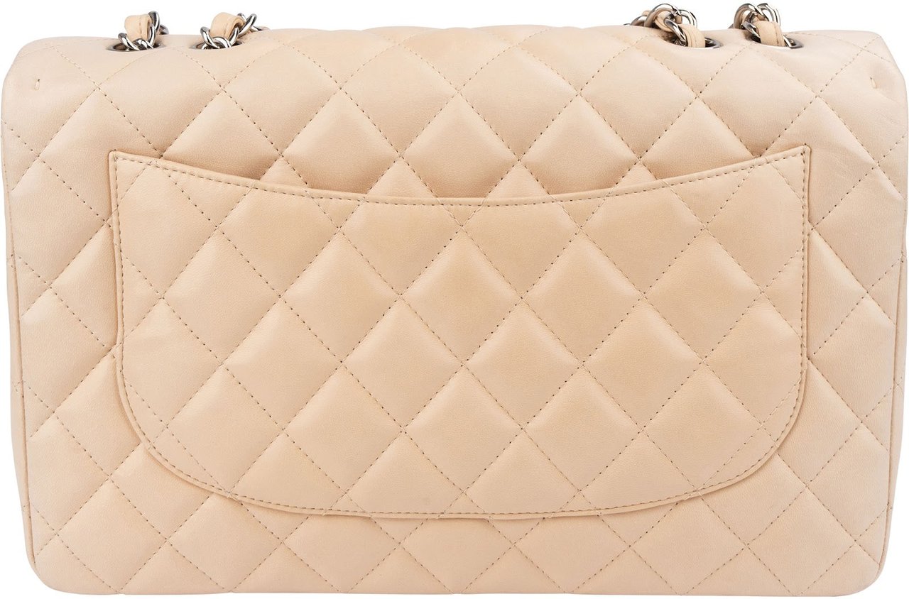 Chanel Quilted Lambskin Palladium Jumbo Single Flap Crossbody Bag Beige