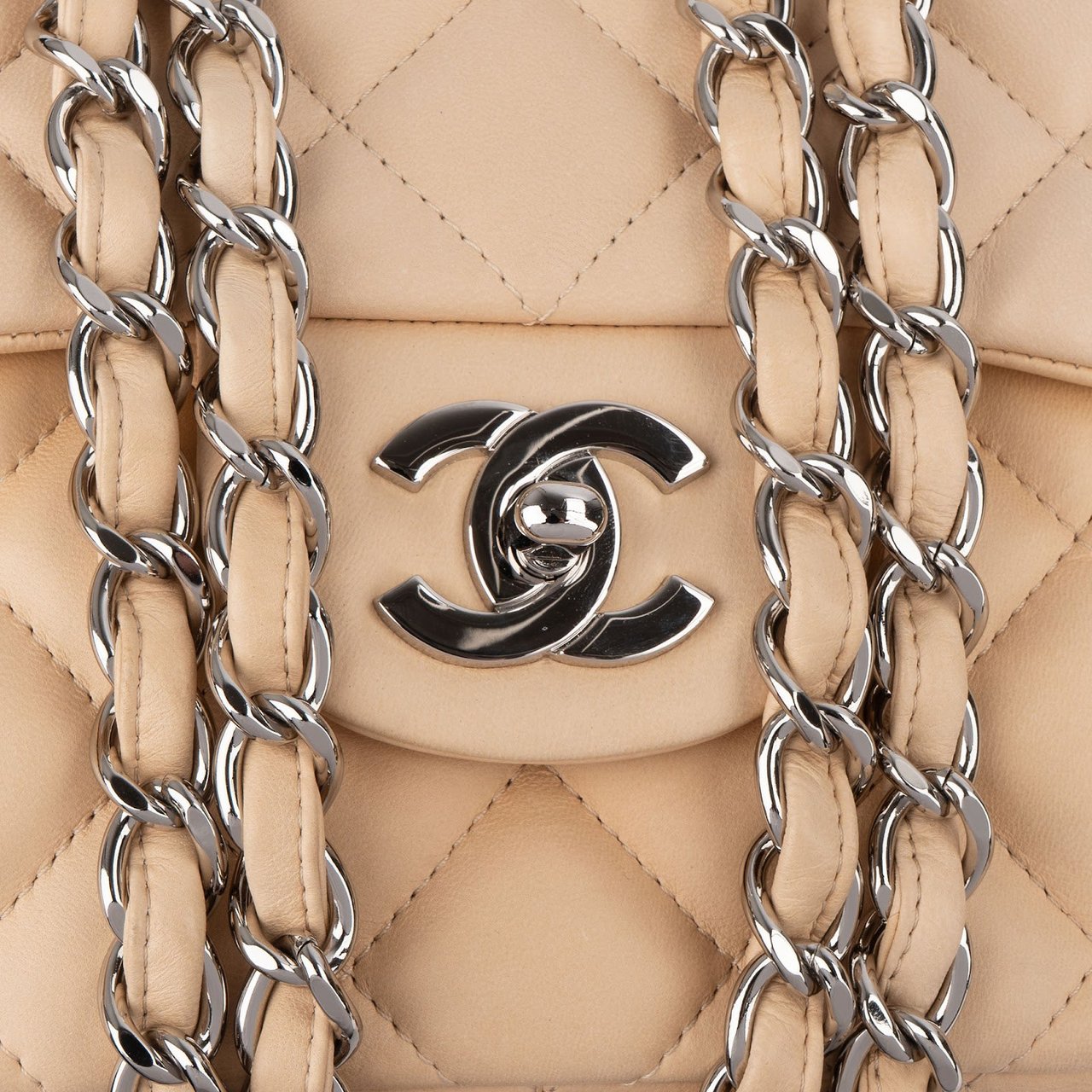 Chanel Quilted Lambskin Palladium Jumbo Single Flap Crossbody Bag Beige
