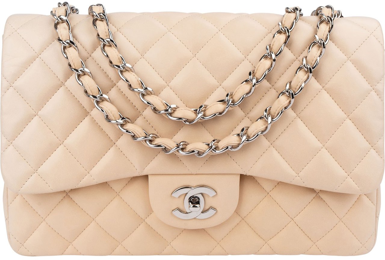 Chanel Quilted Lambskin Palladium Jumbo Single Flap Crossbody Bag Beige