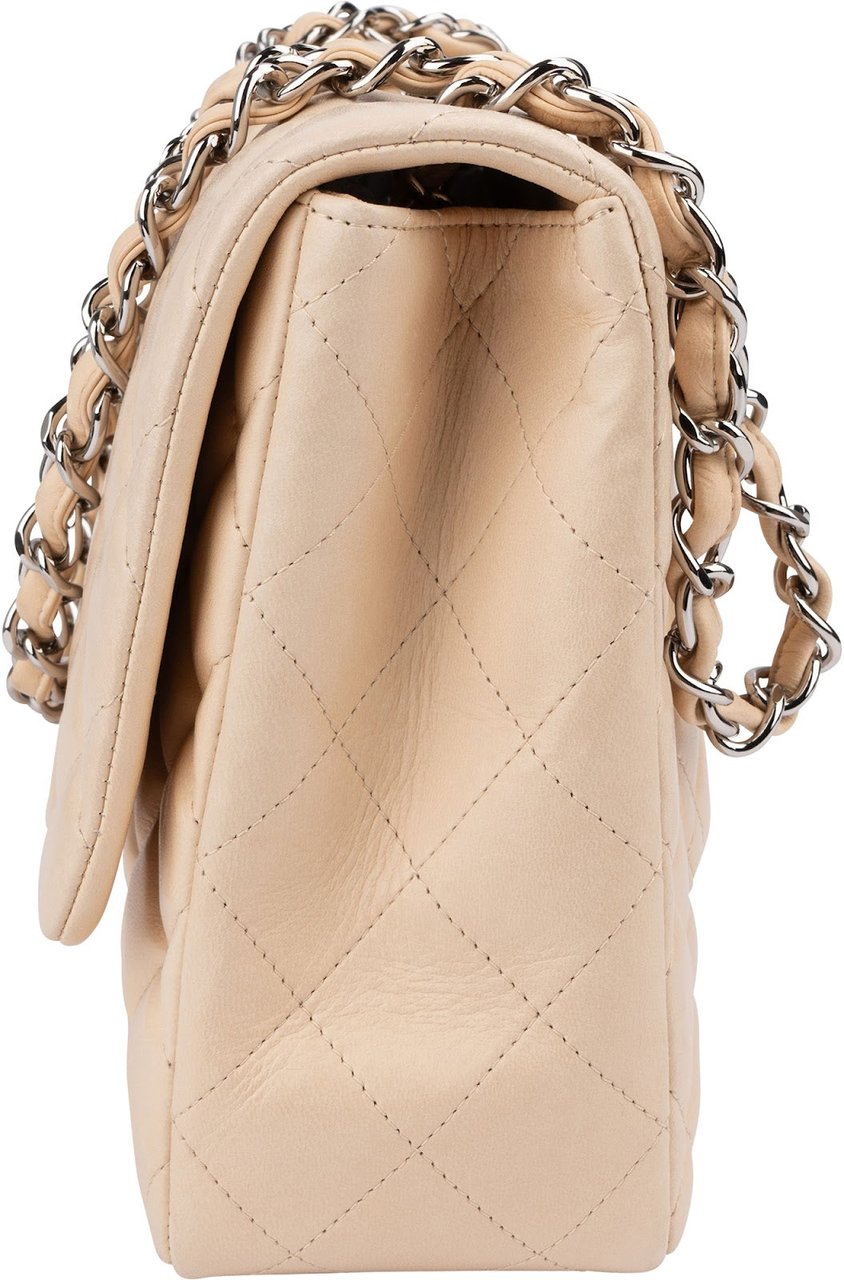 Chanel Quilted Lambskin Palladium Jumbo Single Flap Crossbody Bag Beige