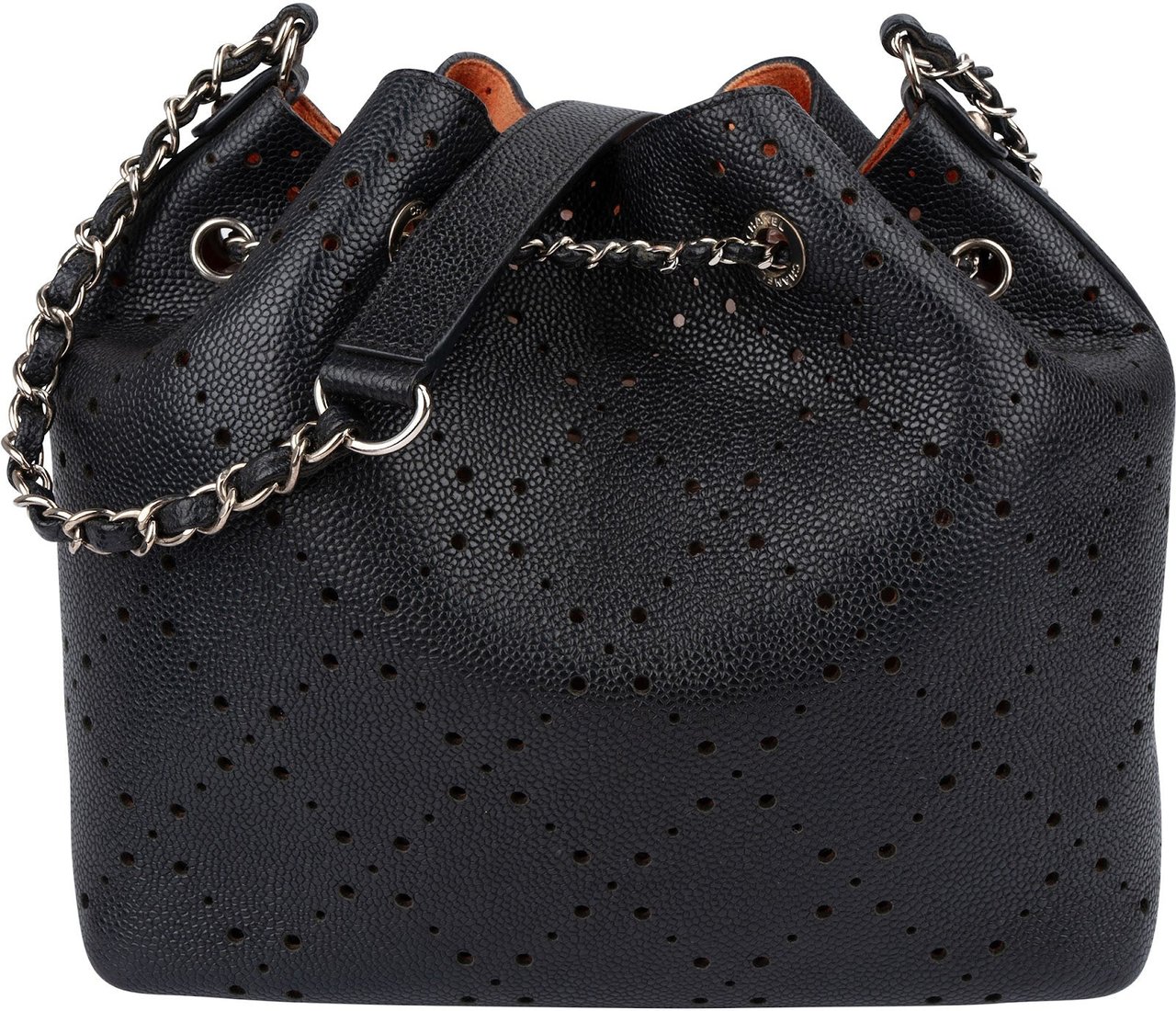 Chanel Perforated Caviar Leather Drawstring Bucket Shoulder Bag Zwart