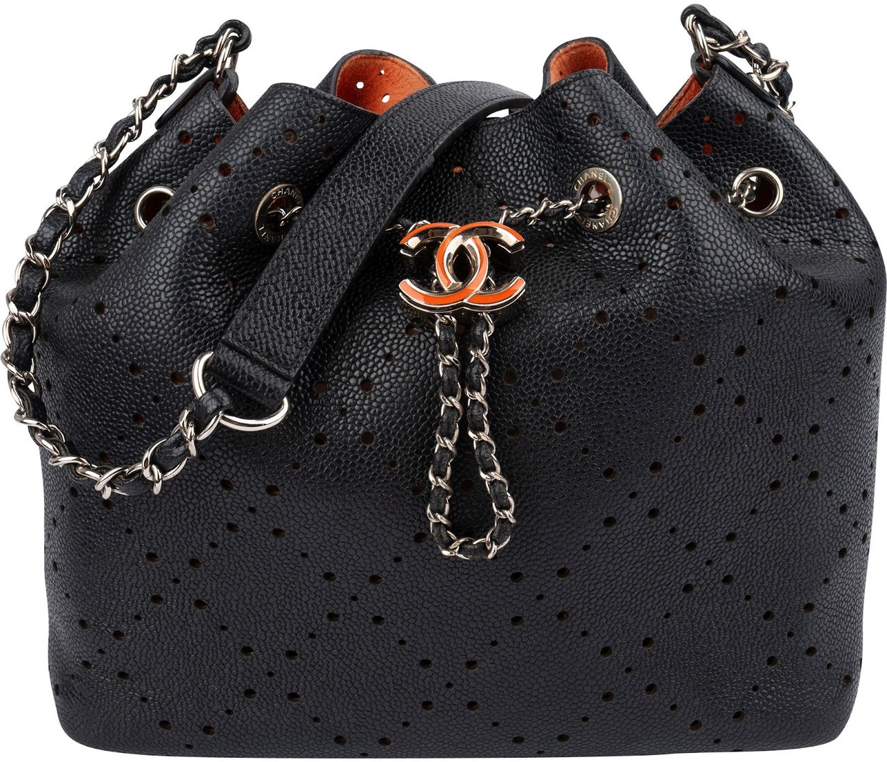 Chanel Perforated Caviar Leather Drawstring Bucket Shoulder Bag Zwart