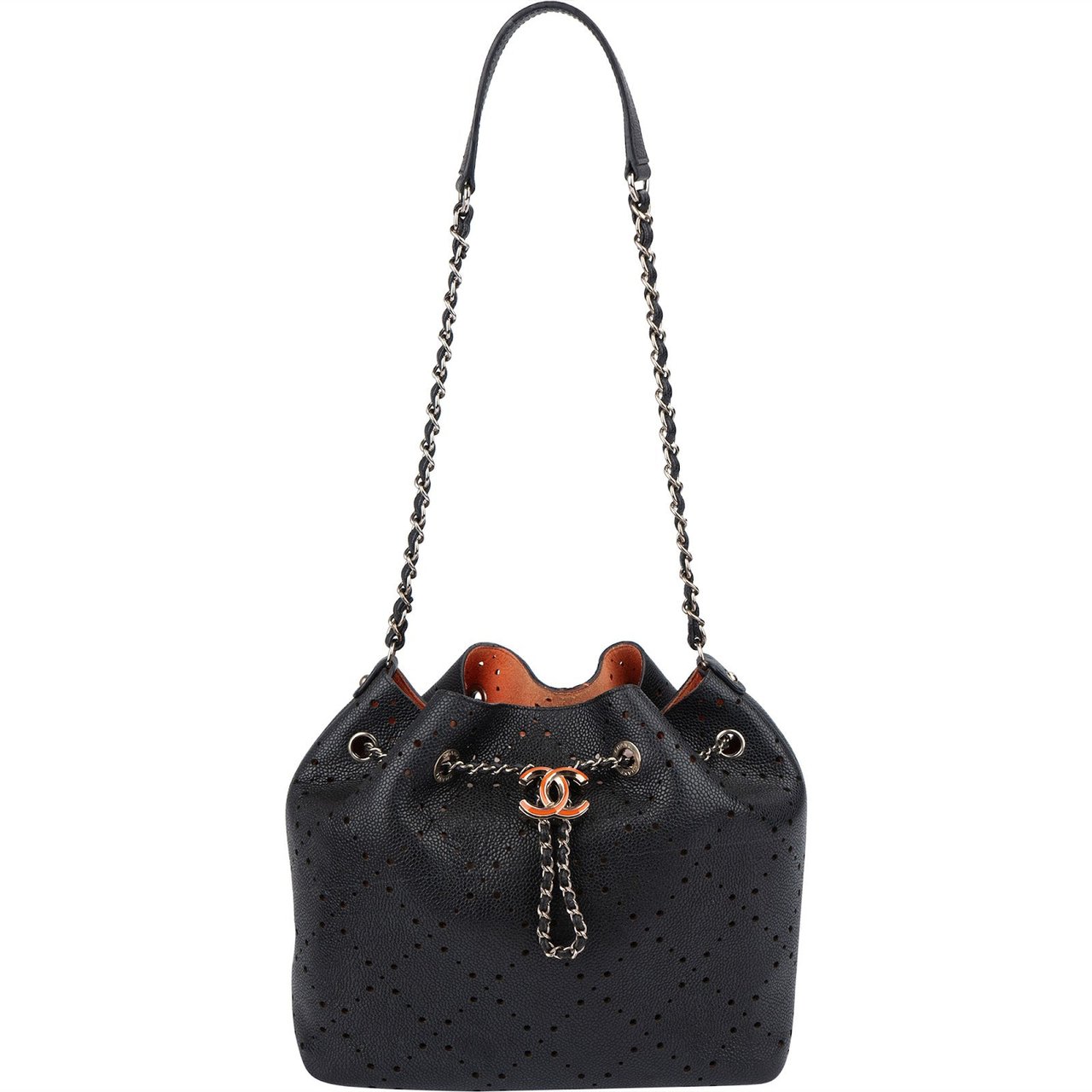 Chanel Perforated Caviar Leather Drawstring Bucket Shoulder Bag Zwart