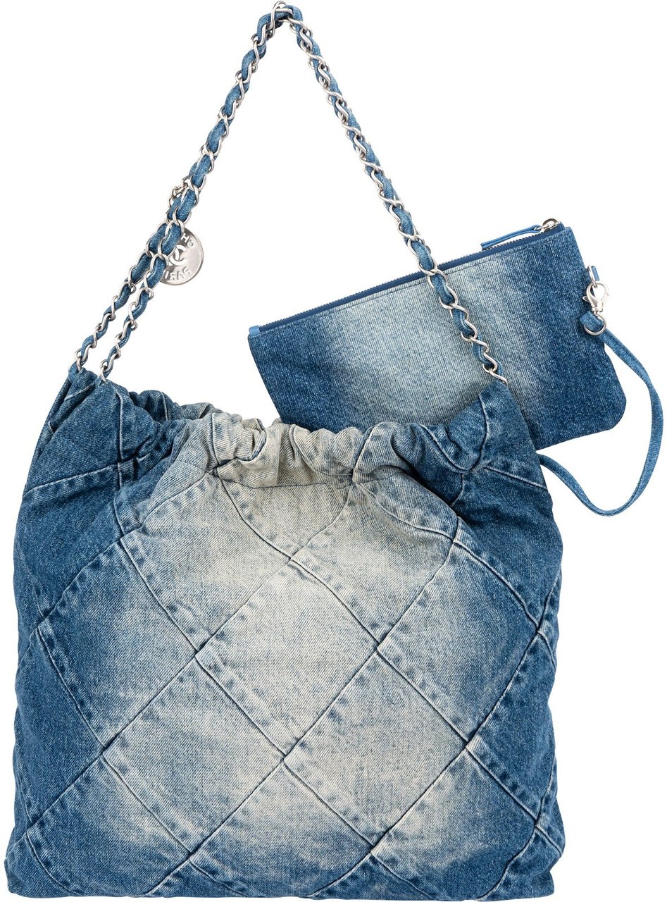 Chanel 22 Quilted Denim Chanel Tote Shoulder Bag Blauw