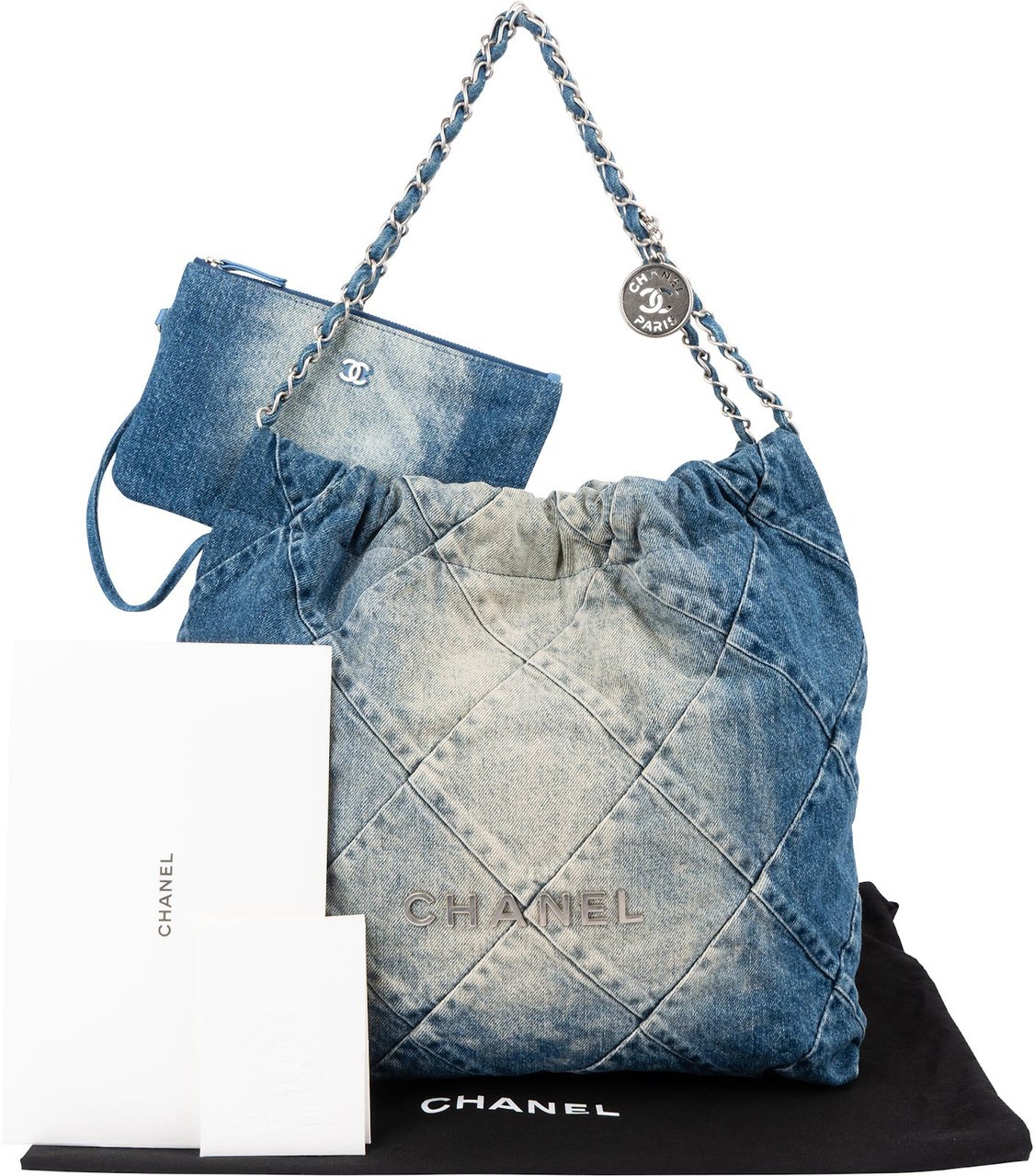 Chanel 22 Quilted Denim Chanel Tote Shoulder Bag Blauw