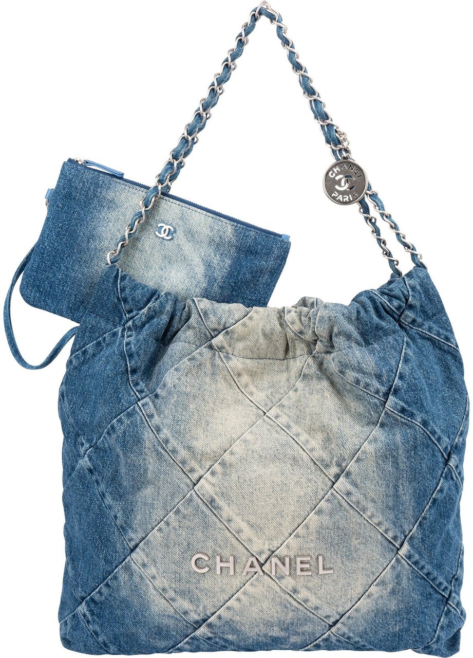 Chanel 22 Quilted Denim Chanel Tote Shoulder Bag Blauw