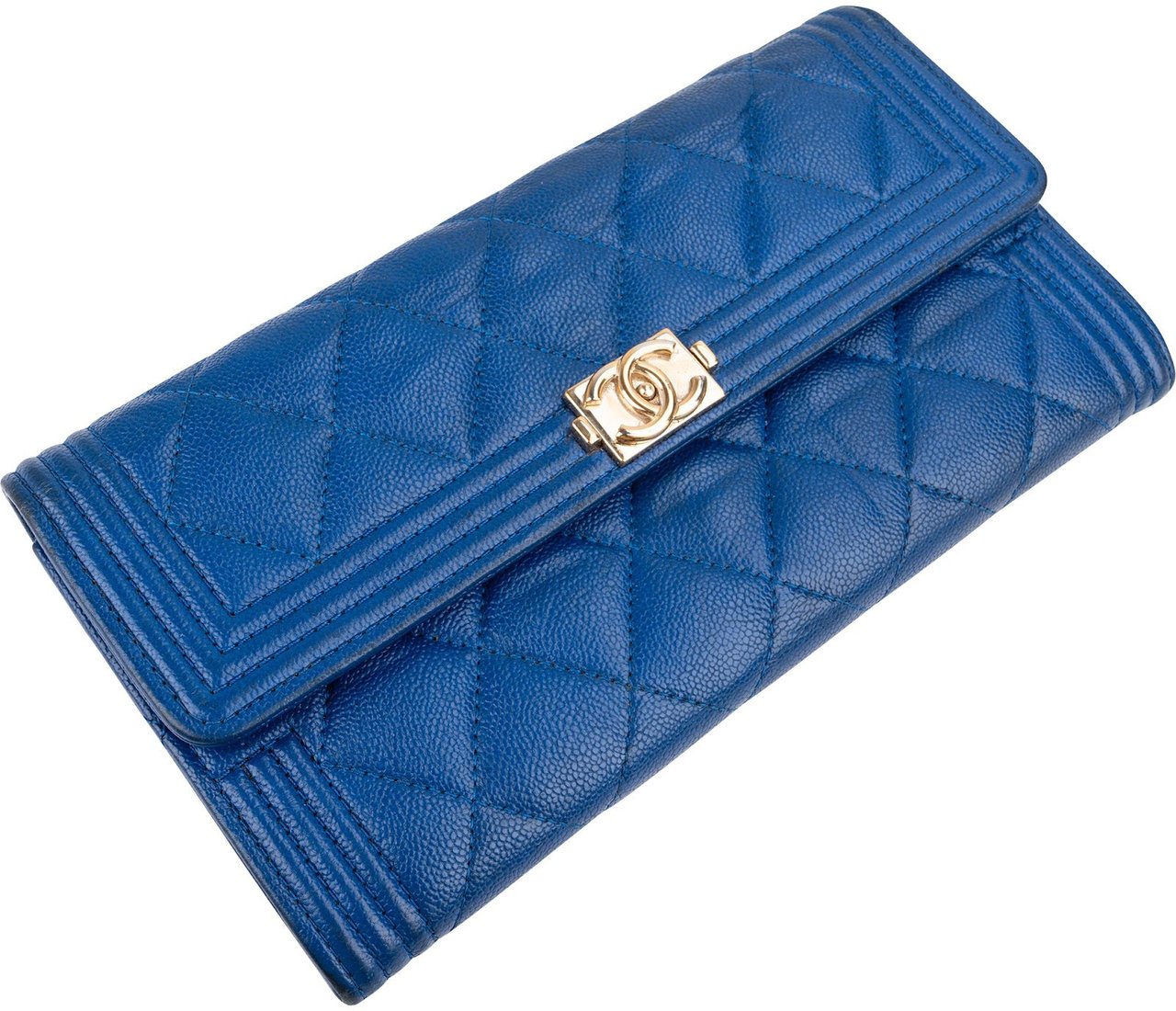 Chanel Quilted Caviar Leather Boy Flap Wallet Blauw