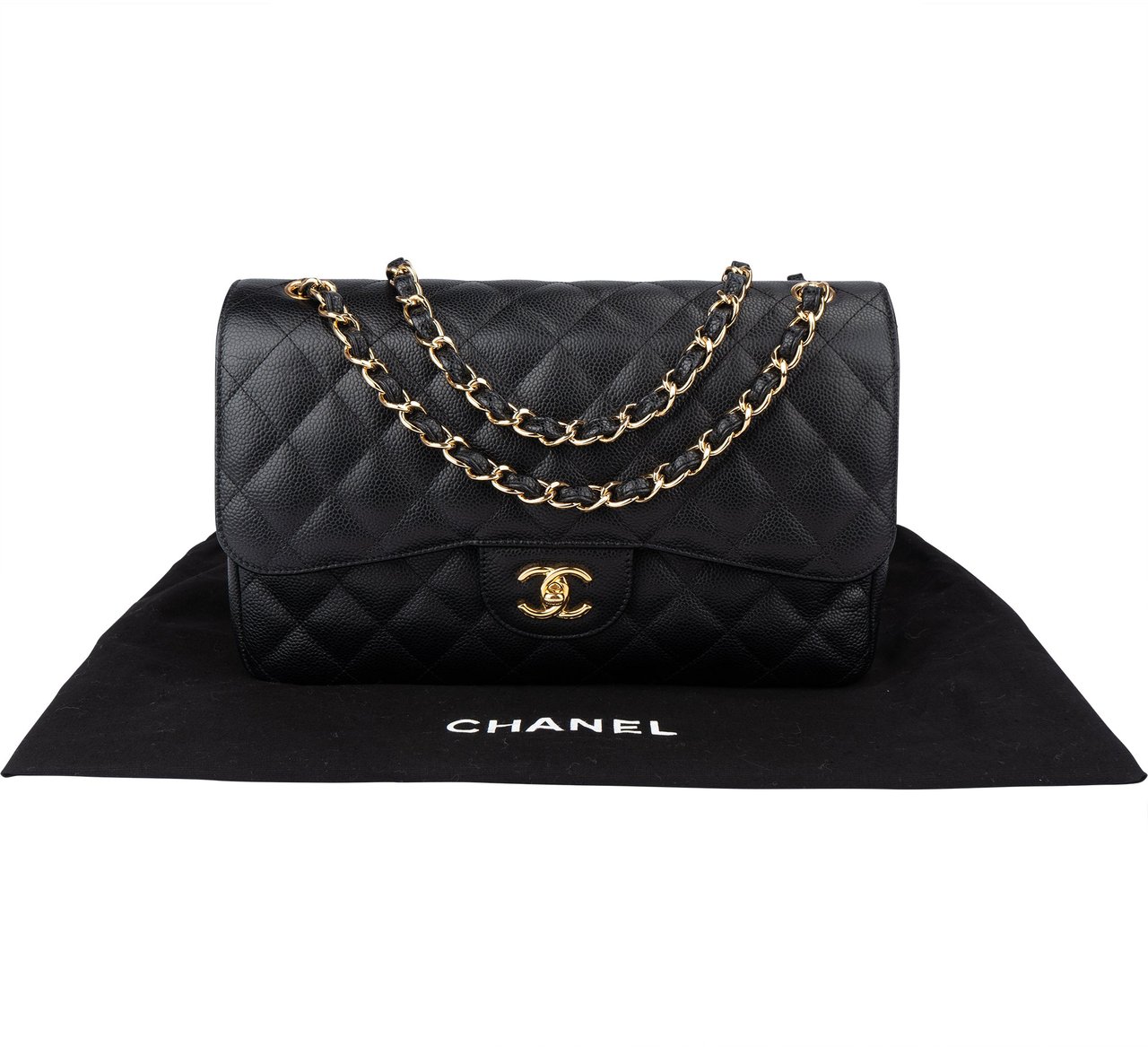 Chanel Chanel Quilted Caviar Leather Jumbo Double Flap Crossbody Bag Zwart