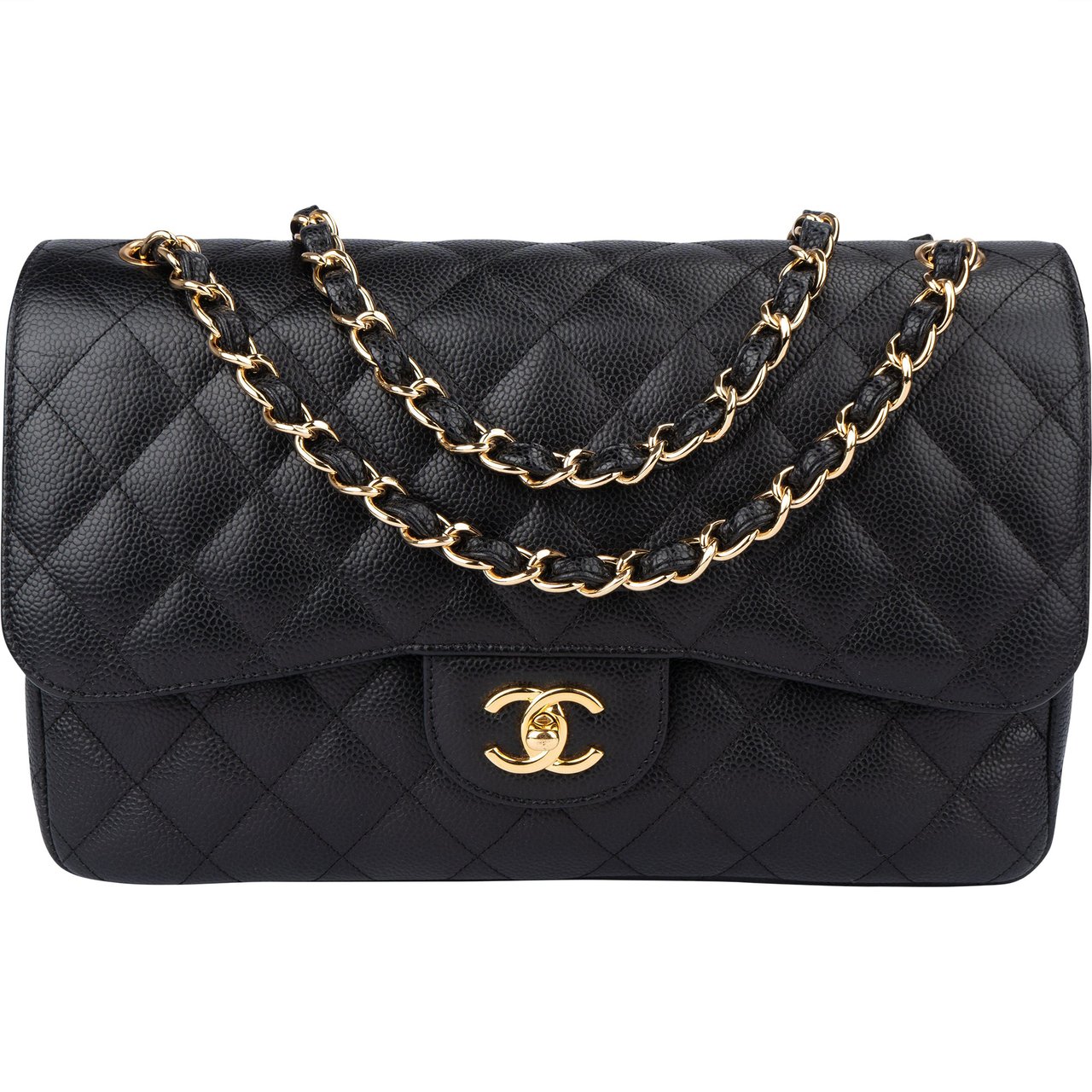 Chanel Chanel Quilted Caviar Leather Jumbo Double Flap Crossbody Bag Zwart