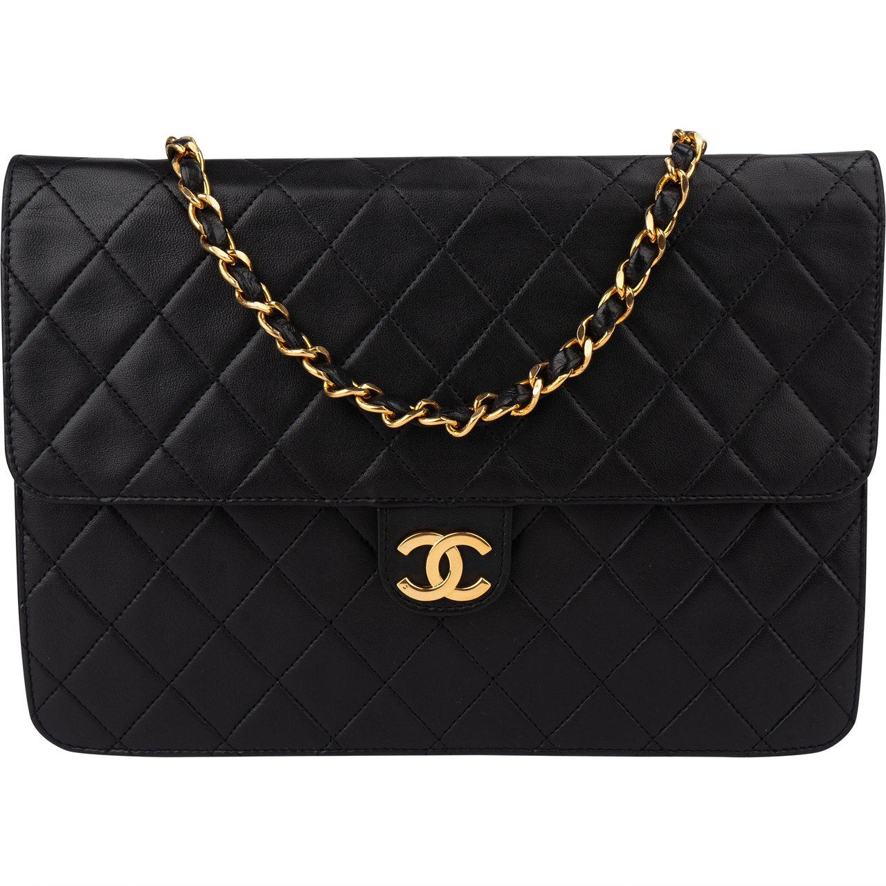 Chanel Chanel Quilted Lambskin 24K Gold Single Flap Shoulder Bag Zwart