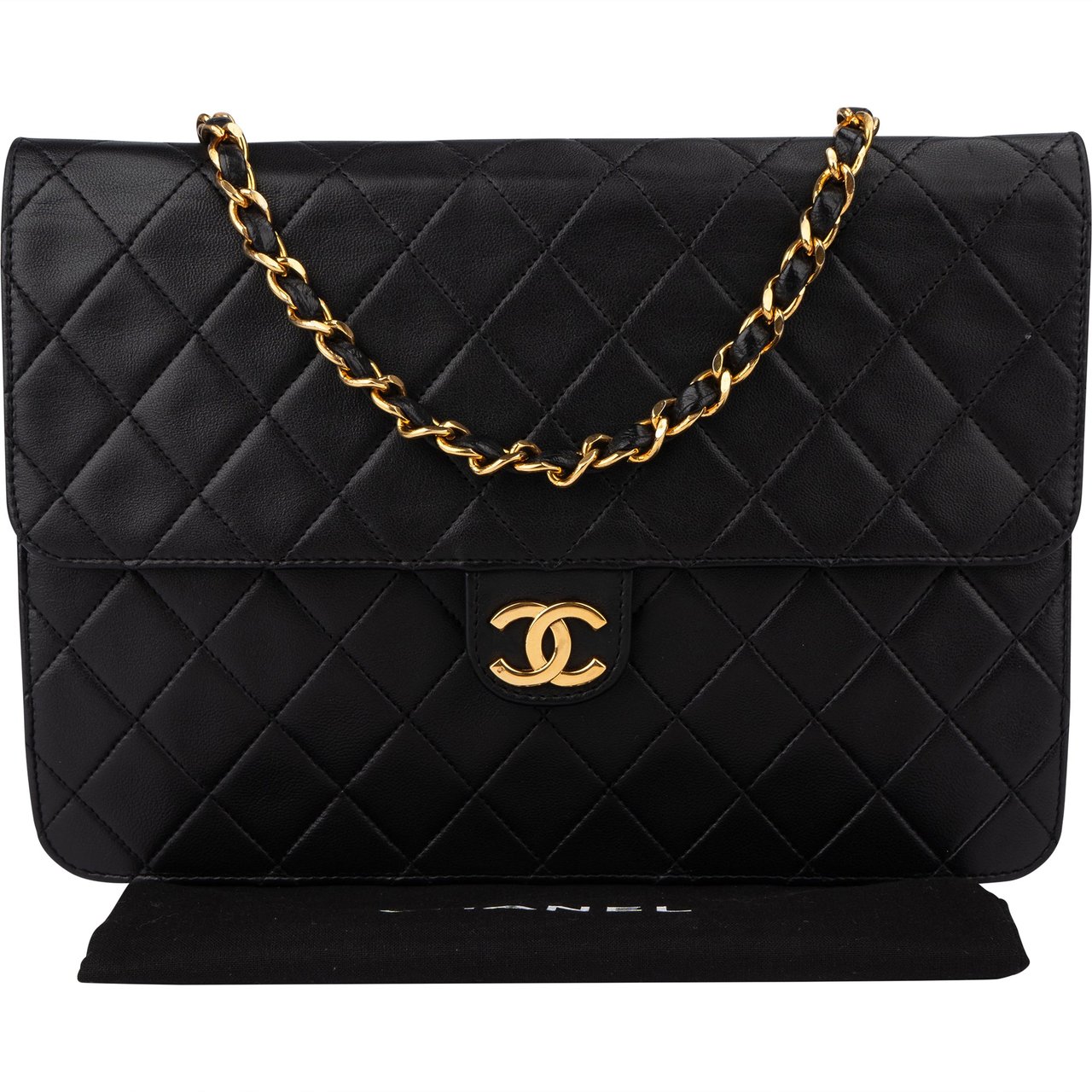 Chanel Chanel Quilted Lambskin 24K Gold Single Flap Shoulder Bag Zwart