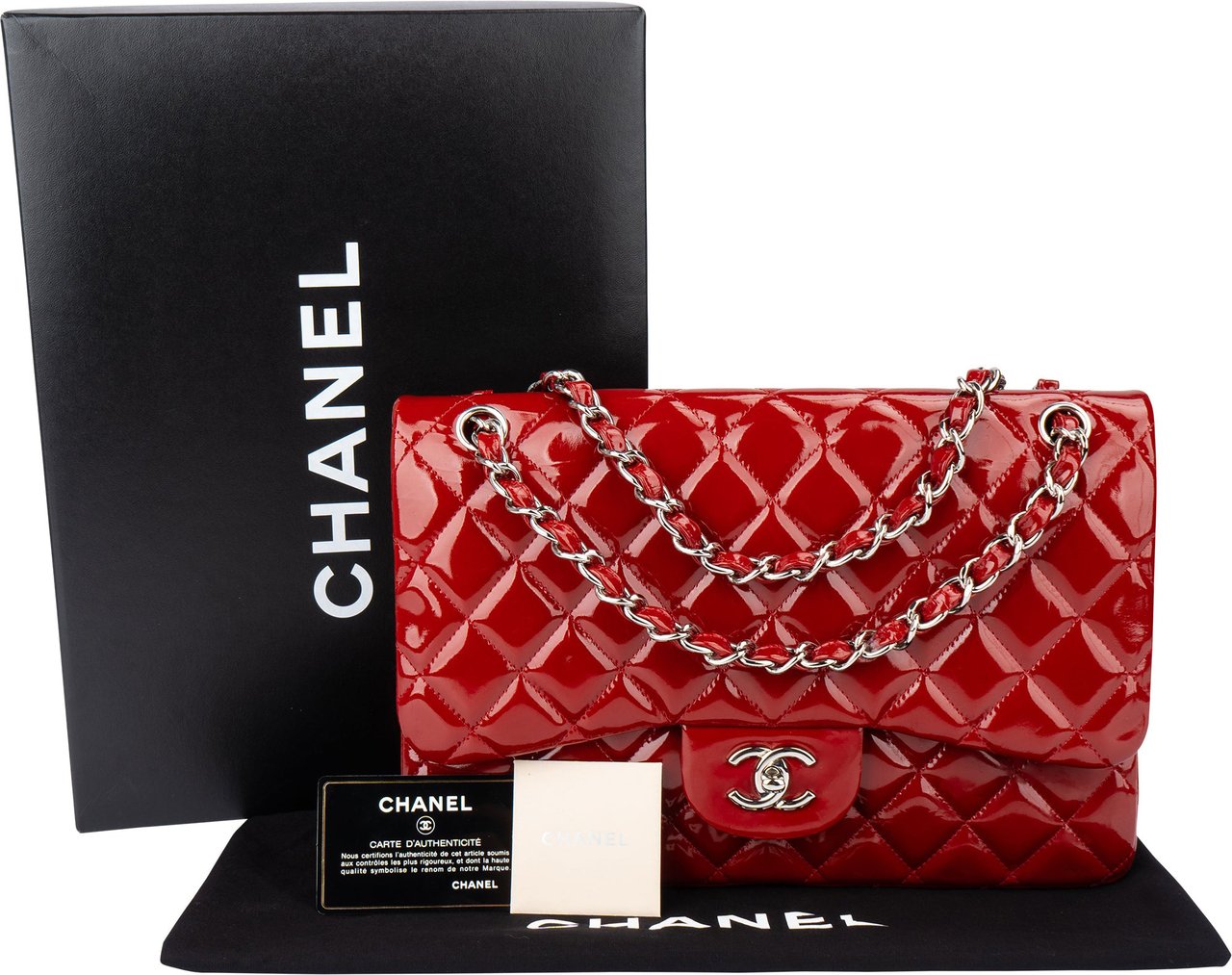 Chanel Chanel Quilted Patent Leather Palladium Jumbo Double Flap Crossbody Bag Rood
