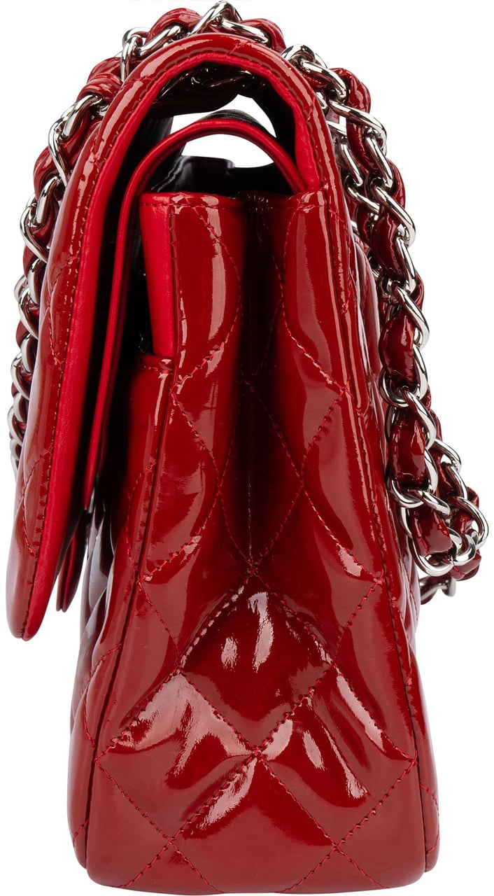 Chanel Chanel Quilted Patent Leather Palladium Jumbo Double Flap Crossbody Bag Rood