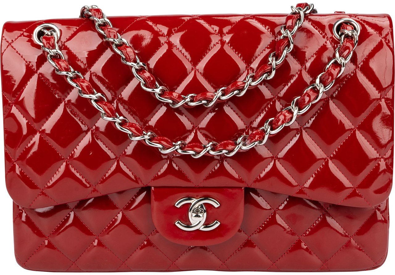 Chanel Chanel Quilted Patent Leather Palladium Jumbo Double Flap Crossbody Bag Rood
