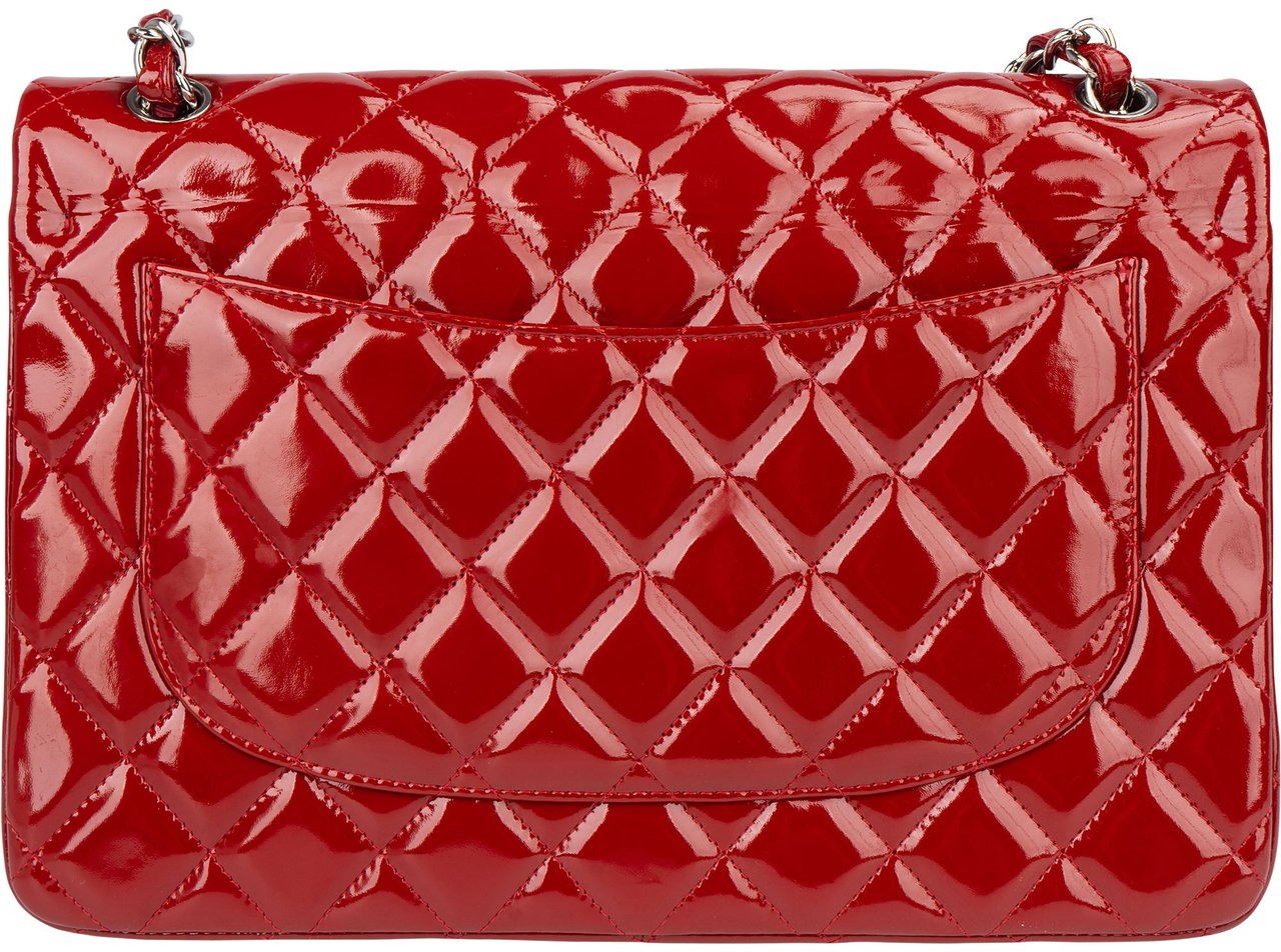 Chanel Chanel Quilted Patent Leather Palladium Jumbo Double Flap Crossbody Bag Rood