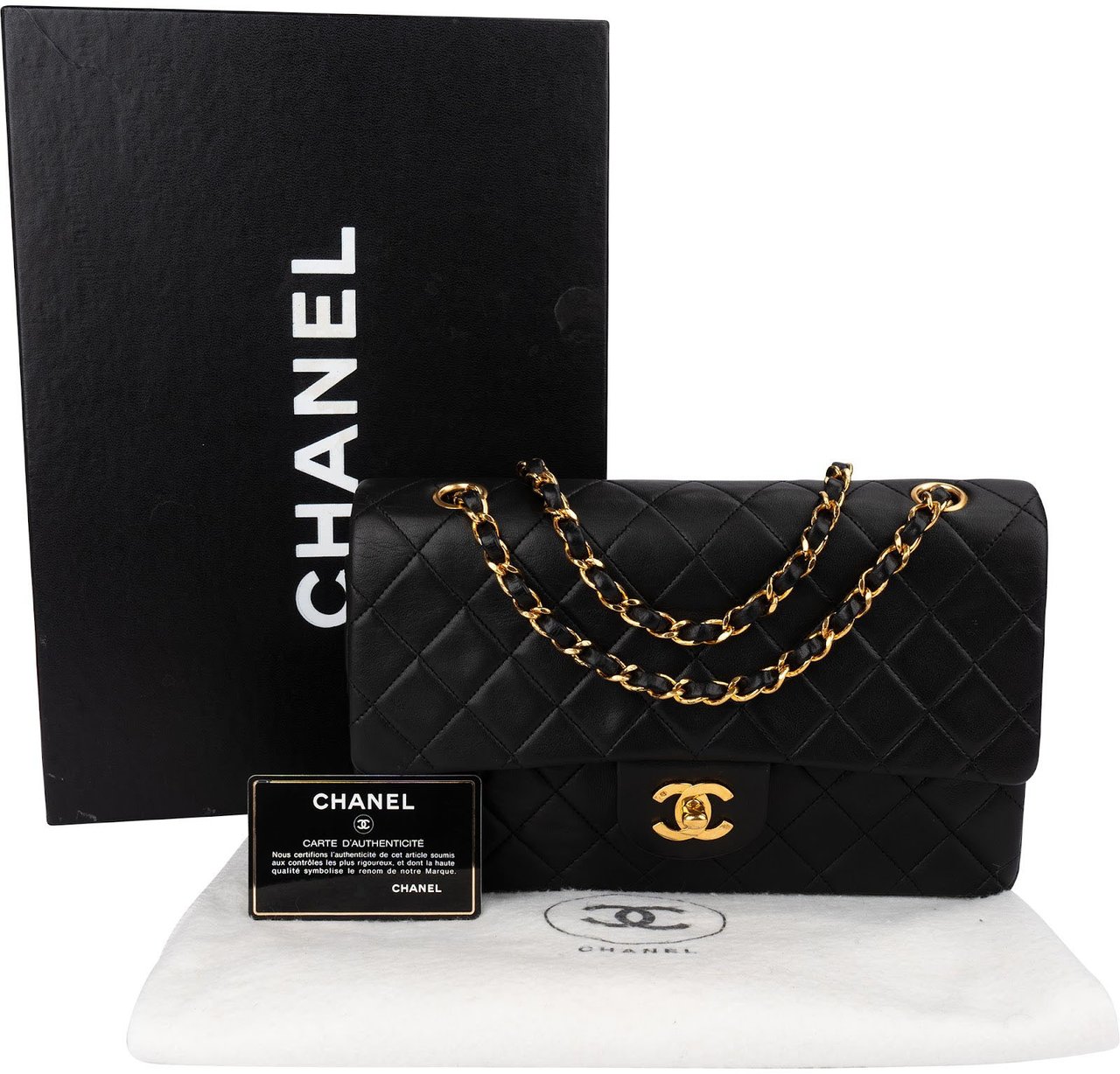 Chanel Quilted Lambskin 24K Gold Medium Double Flap Shoulder Bag Zwart