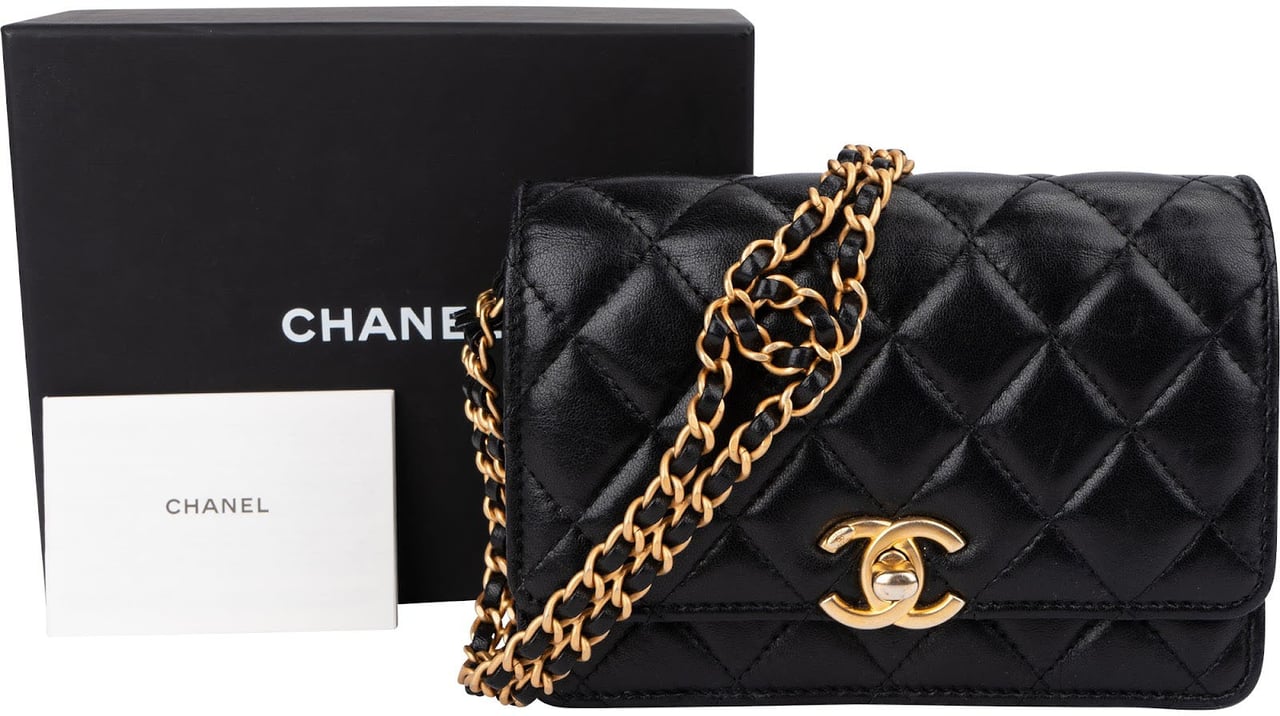 Chanel Quilted Lambskin Rectangular Wallet On Chain Crossbody Bag Zwart