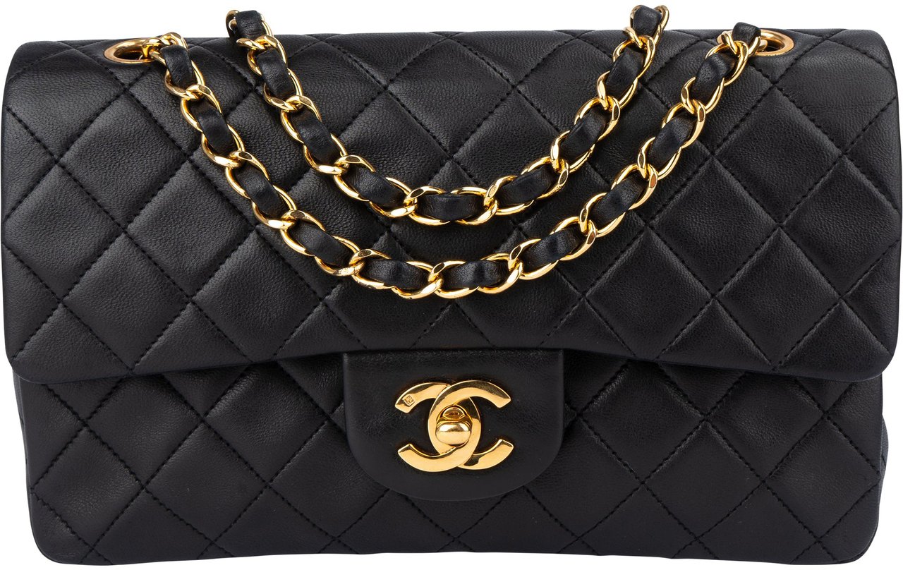 Chanel Chanel Quilted Lambskin 24K Gold Small Double Flap Crossbody Bag Zwart