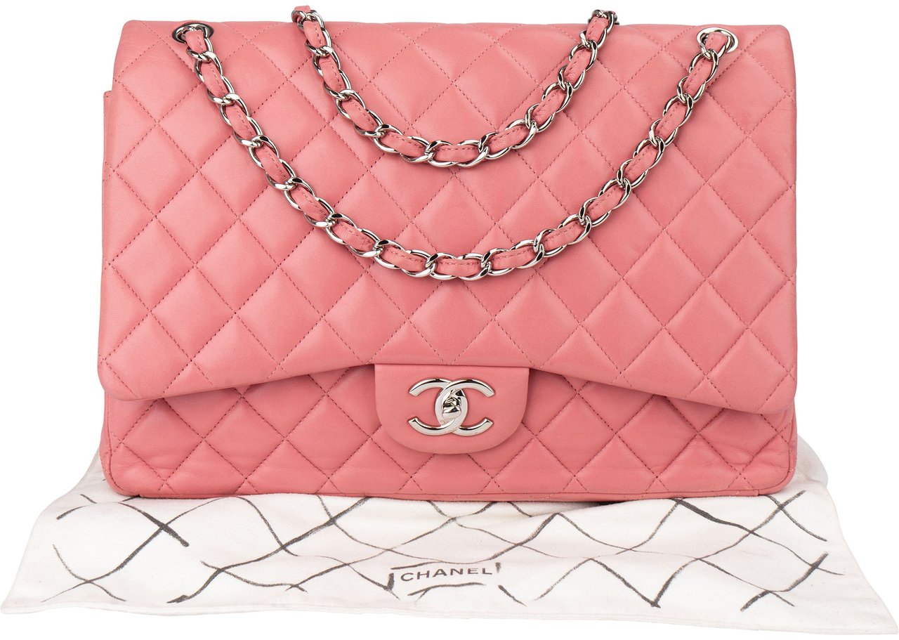 Chanel Chanel Quilted Lambskin Palladium Maxi Double Flap Crossbody Bag Roze