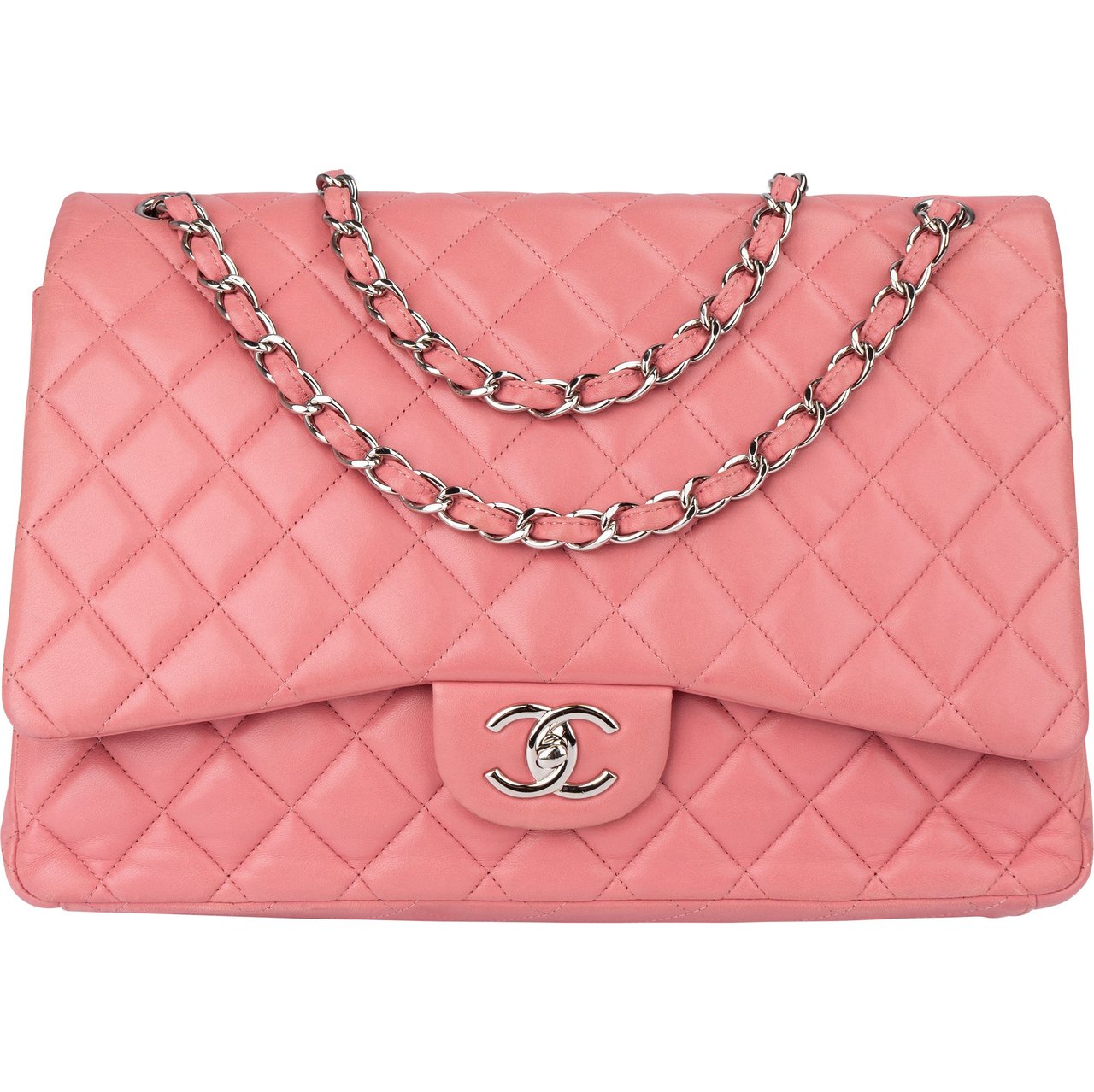 Chanel Chanel Quilted Lambskin Palladium Maxi Double Flap Crossbody Bag Roze