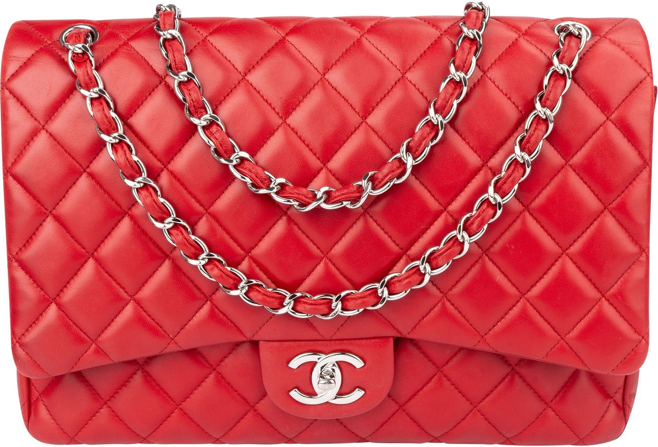 Chanel Chanel Quilted Lambskin Palladium Maxi Double Flap Crossbody Bag Rood