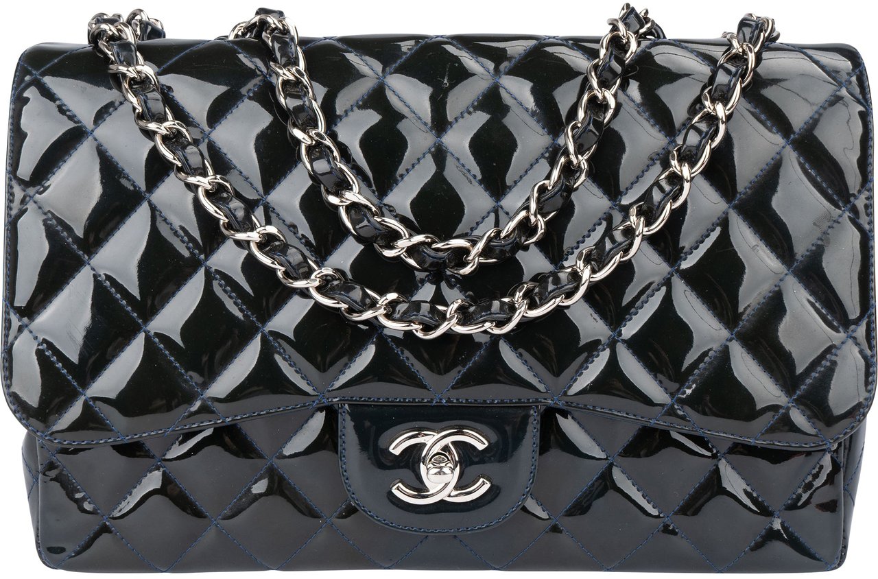 Chanel Chanel Quilted Patent Leather Palladium Jumbo Single Flap Crossbody Bag Blauw