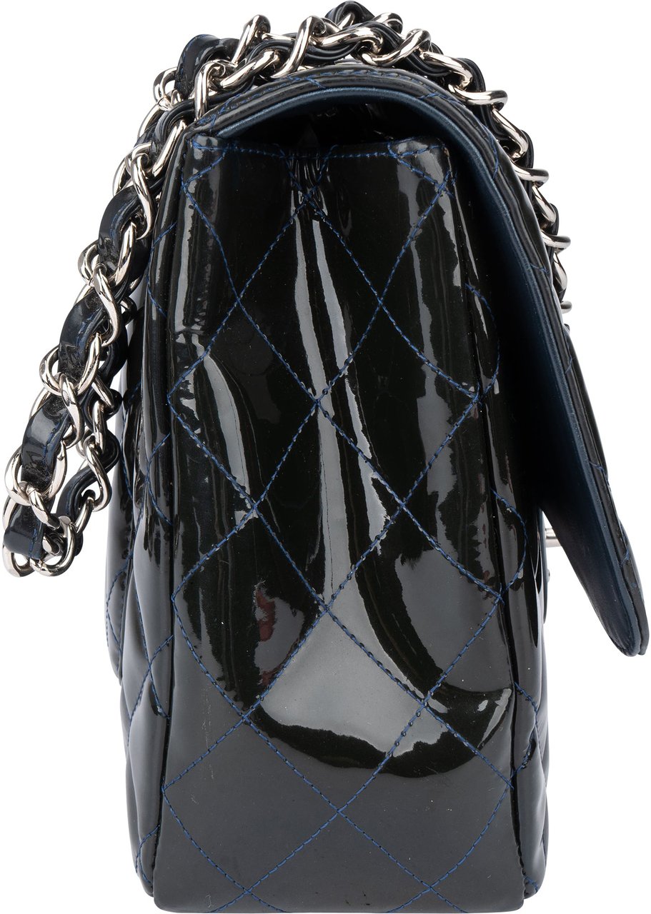 Chanel Chanel Quilted Patent Leather Palladium Jumbo Single Flap Crossbody Bag Blauw