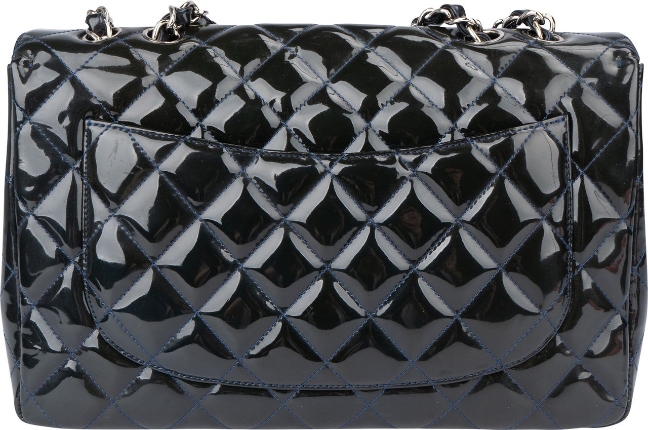 Chanel Chanel Quilted Patent Leather Palladium Jumbo Single Flap Crossbody Bag Blauw