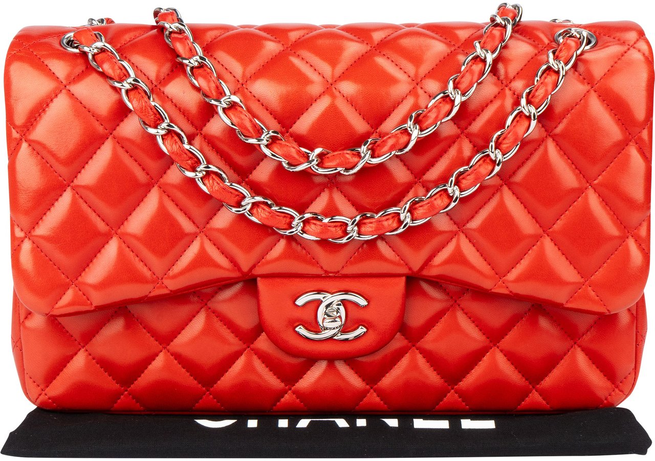 Chanel Quilted Lambskin Palladium Jumbo Double Flap Crossbody Bag Rood