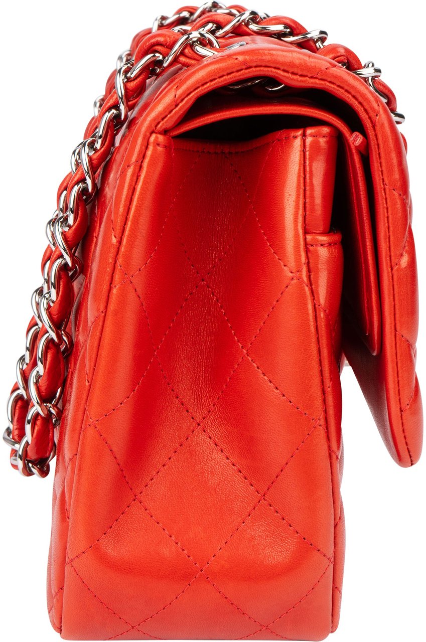 Chanel Quilted Lambskin Palladium Jumbo Double Flap Crossbody Bag Rood