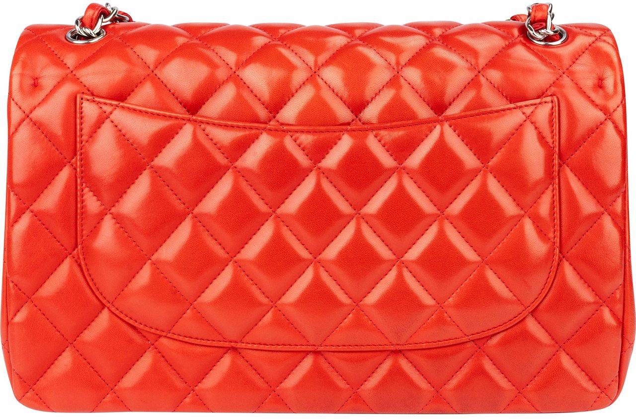 Chanel Quilted Lambskin Palladium Jumbo Double Flap Crossbody Bag Rood