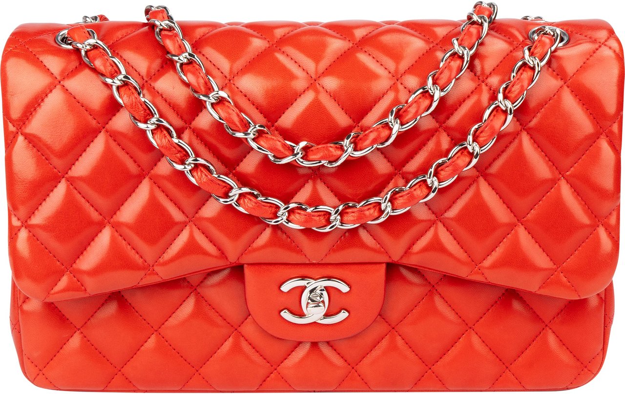 Chanel Chanel Quilted Lambskin Palladium Jumbo Double Flap Crossbody Bag Rood