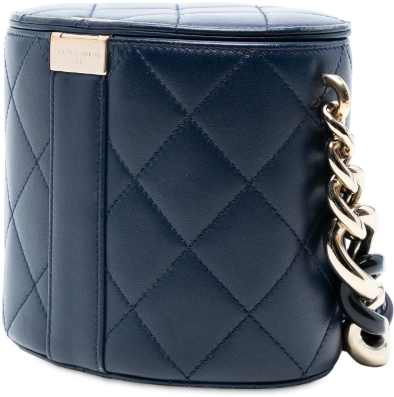 Chanel Small Quilted Lambskin Resin Elegant Chain Tubular Vanity Case Blauw