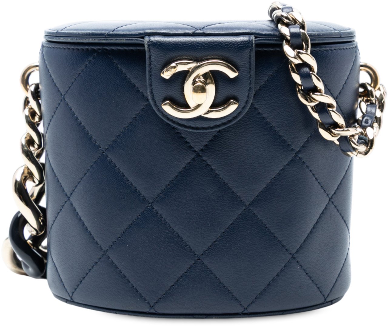 Chanel Small Quilted Lambskin Resin Elegant Chain Tubular Vanity Case Blauw