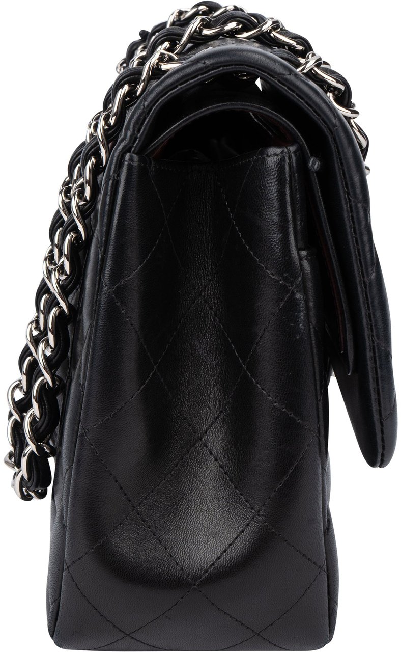 Chanel Chanel Quilted Lambskin Palladium Jumbo Double Flap Crossbody Bag Zwart