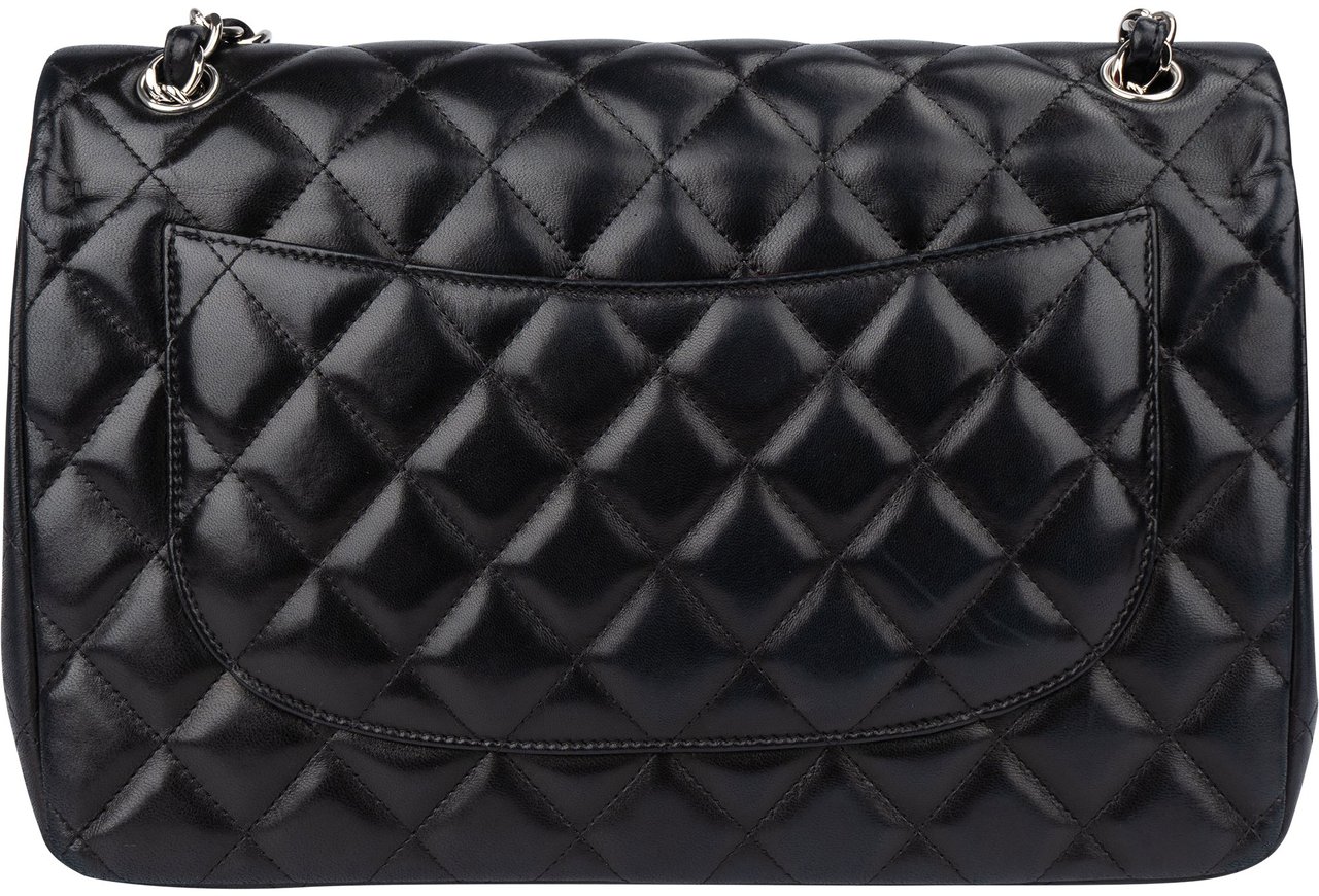 Chanel Chanel Quilted Lambskin Palladium Jumbo Double Flap Crossbody Bag Zwart