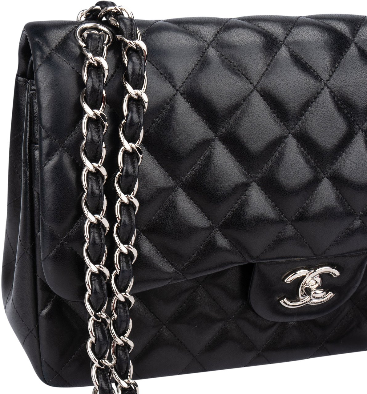 Chanel Chanel Quilted Lambskin Palladium Jumbo Double Flap Crossbody Bag Zwart