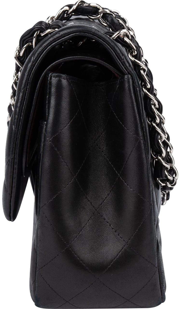 Chanel Chanel Quilted Lambskin Palladium Jumbo Double Flap Crossbody Bag Zwart