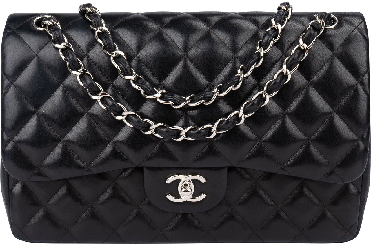 Chanel Chanel Quilted Lambskin Palladium Jumbo Double Flap Crossbody Bag Zwart
