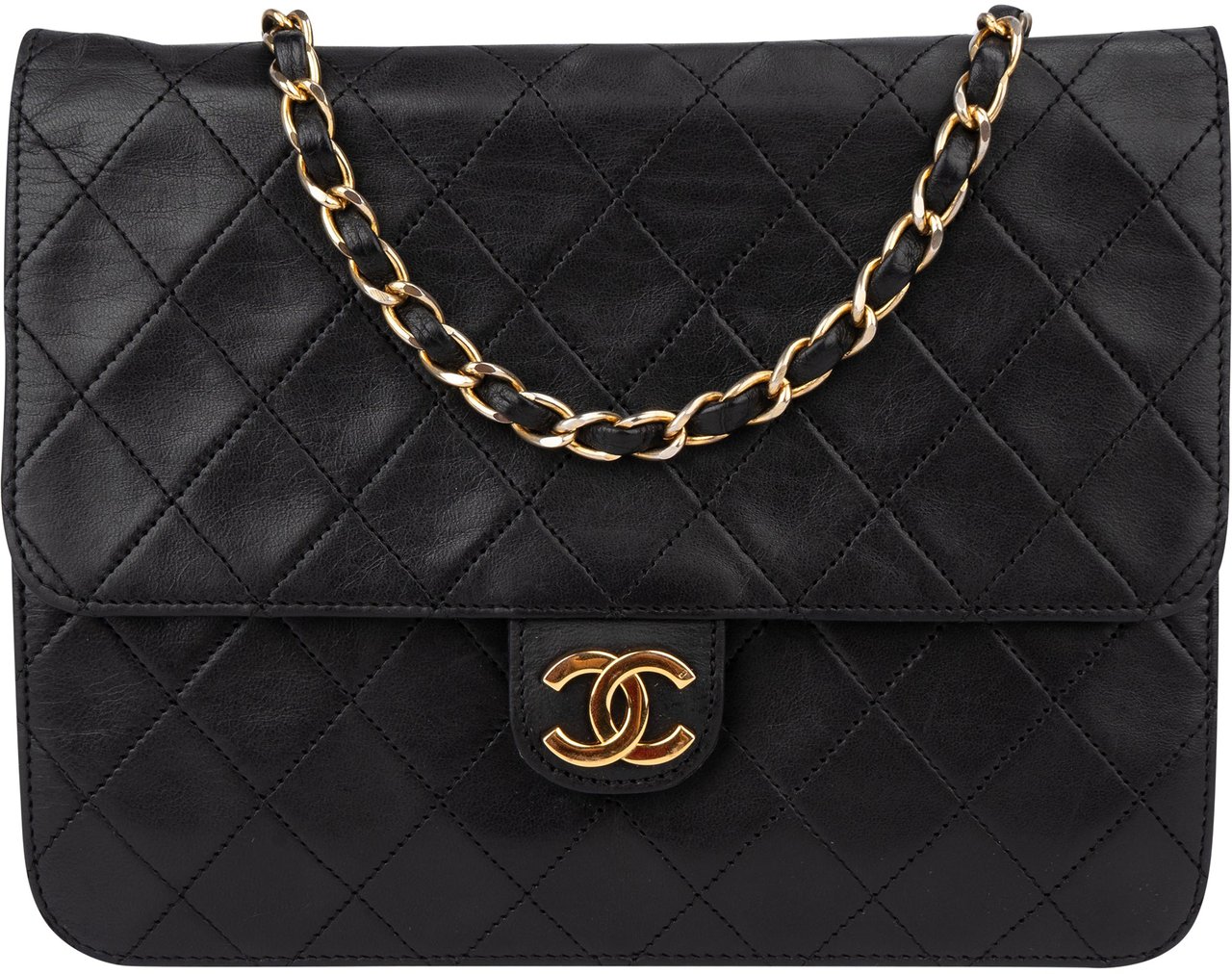 Chanel Chanel Quilted Lambskin 24K Gold Single Flap Shoulder Bag Zwart