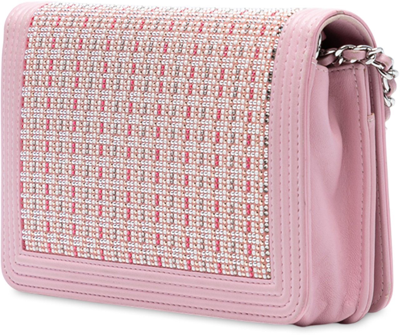 Chanel Calfskin Crystal Studded Boy Wallet on Chain Roze