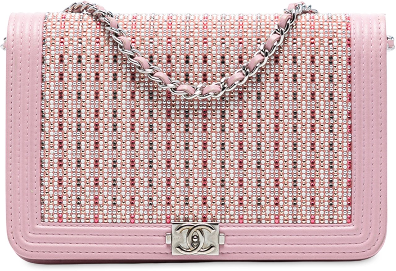 Chanel Calfskin Crystal Studded Boy Wallet on Chain Roze