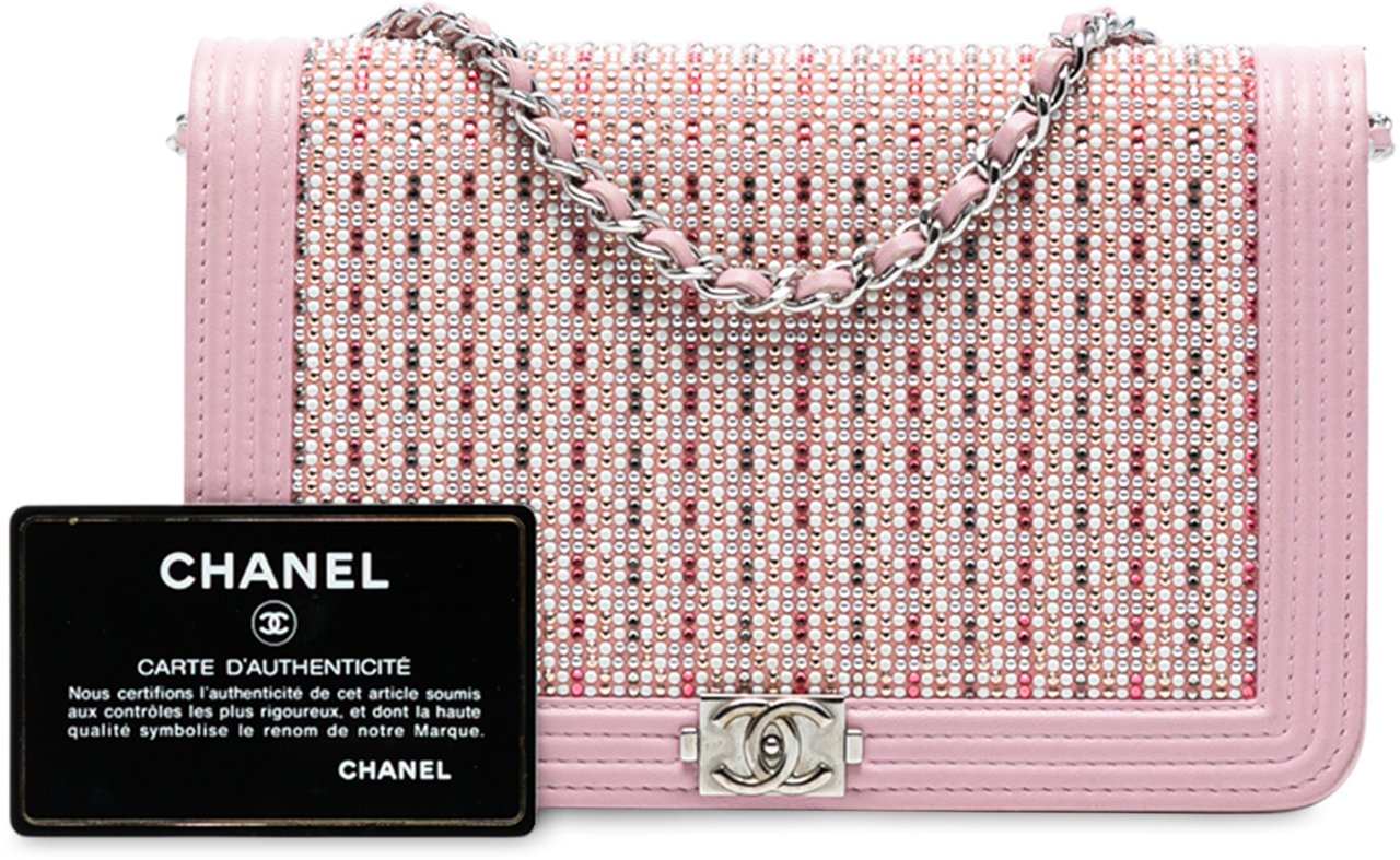 Chanel Calfskin Crystal Studded Boy Wallet on Chain Roze