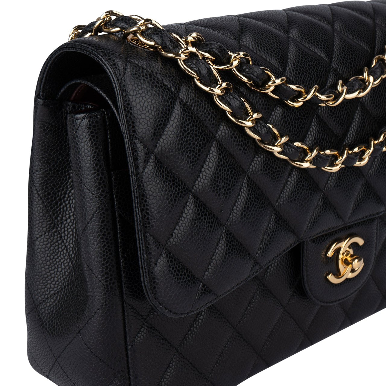 Chanel Chanel Quilted Caviar Leather Jumbo Double Flap Crossbody Bag Zwart
